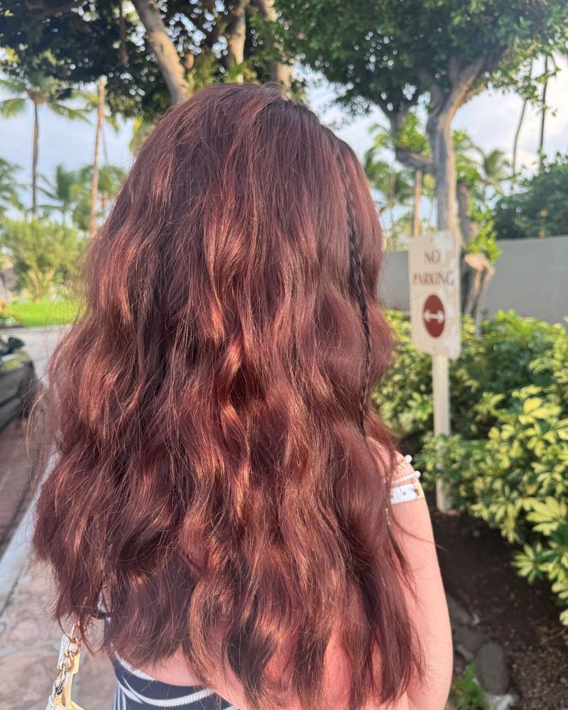 Long wavy red brown hair finished by Dina, back view outdoors